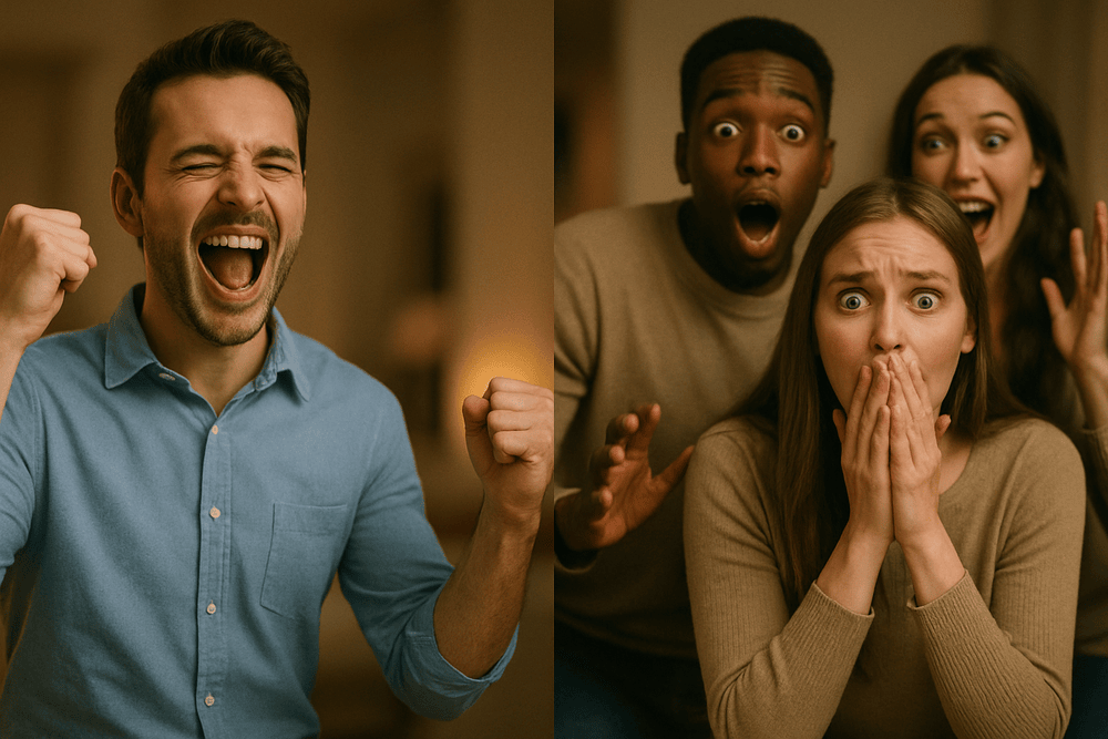 Players laughing and reacting as they spin for prizes and dares on a party wheel.