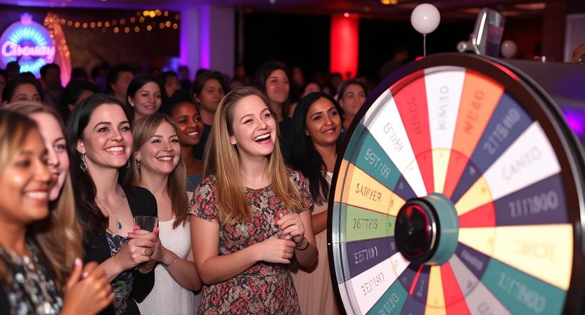 Smiling crowd waiting as a giveaway picker wheel spins at a party