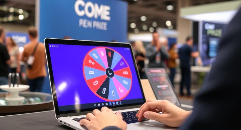 Person hosting a digital prize spinner on their laptop at an expo booth