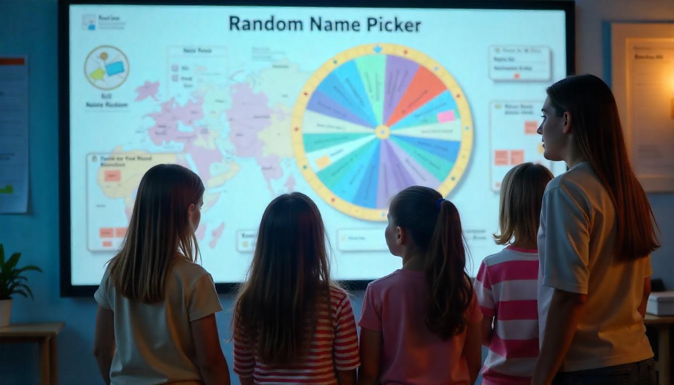 Kids at a smartboard, watching a random name picker wheel spin