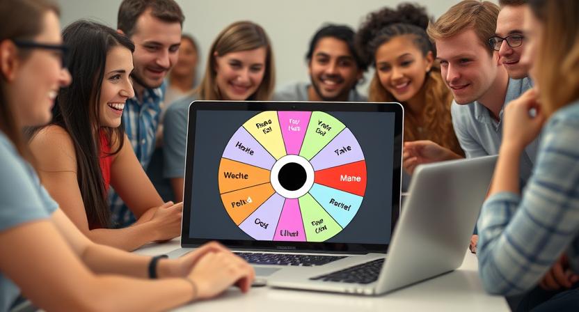 Wheel random name picker on a laptop, everyone leaning in to see who’s picked